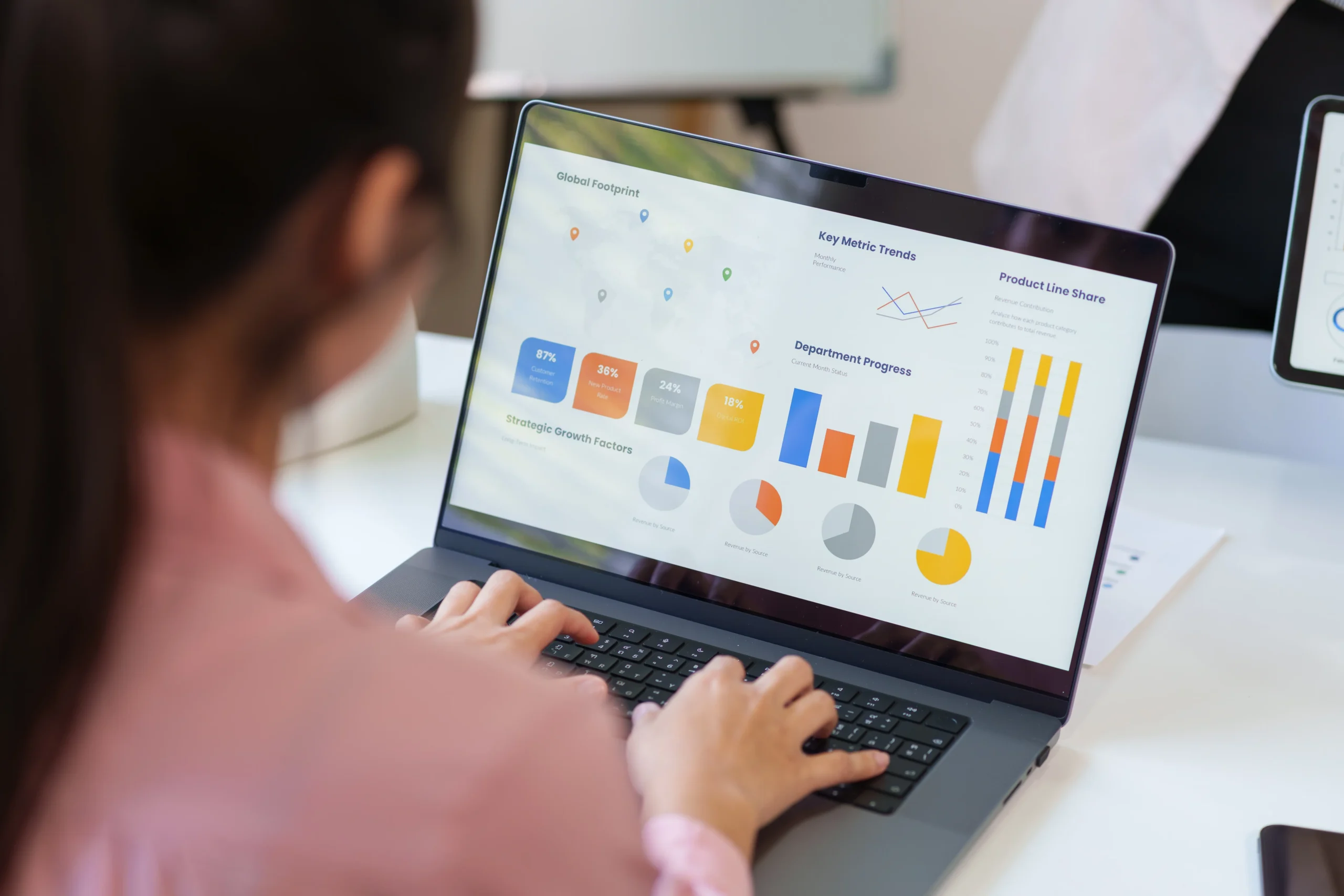 Professional reviewing business analytics dashboard with charts and graphs on a laptop screen.