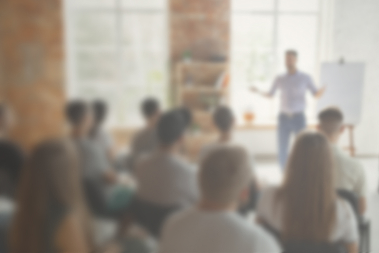 A stylistically blurred photo of a program evaluator giving a presentation to a gathering of educators in a sunlit classroom.